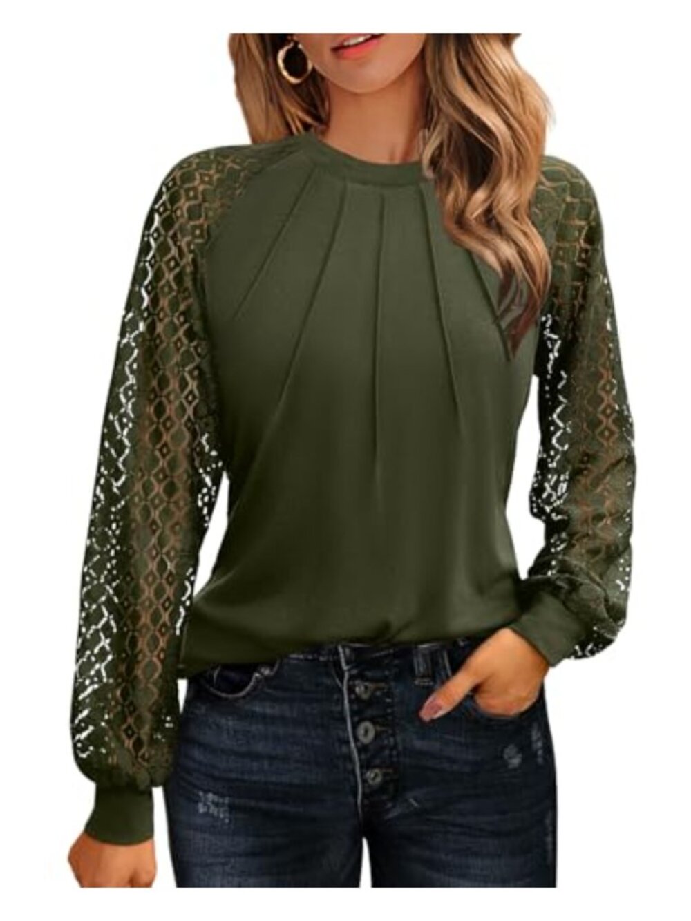 Lace Long Sleeve Blouse Pleated Crew Neck Business Casual Work Top